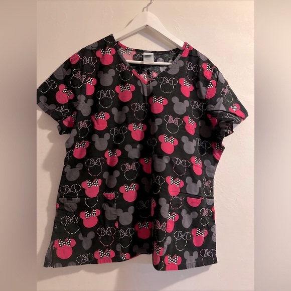 Disney Tops - Disney Mickey & Minnie Mouse Scrubs Top - Women's Size XL Black Pink V Neck